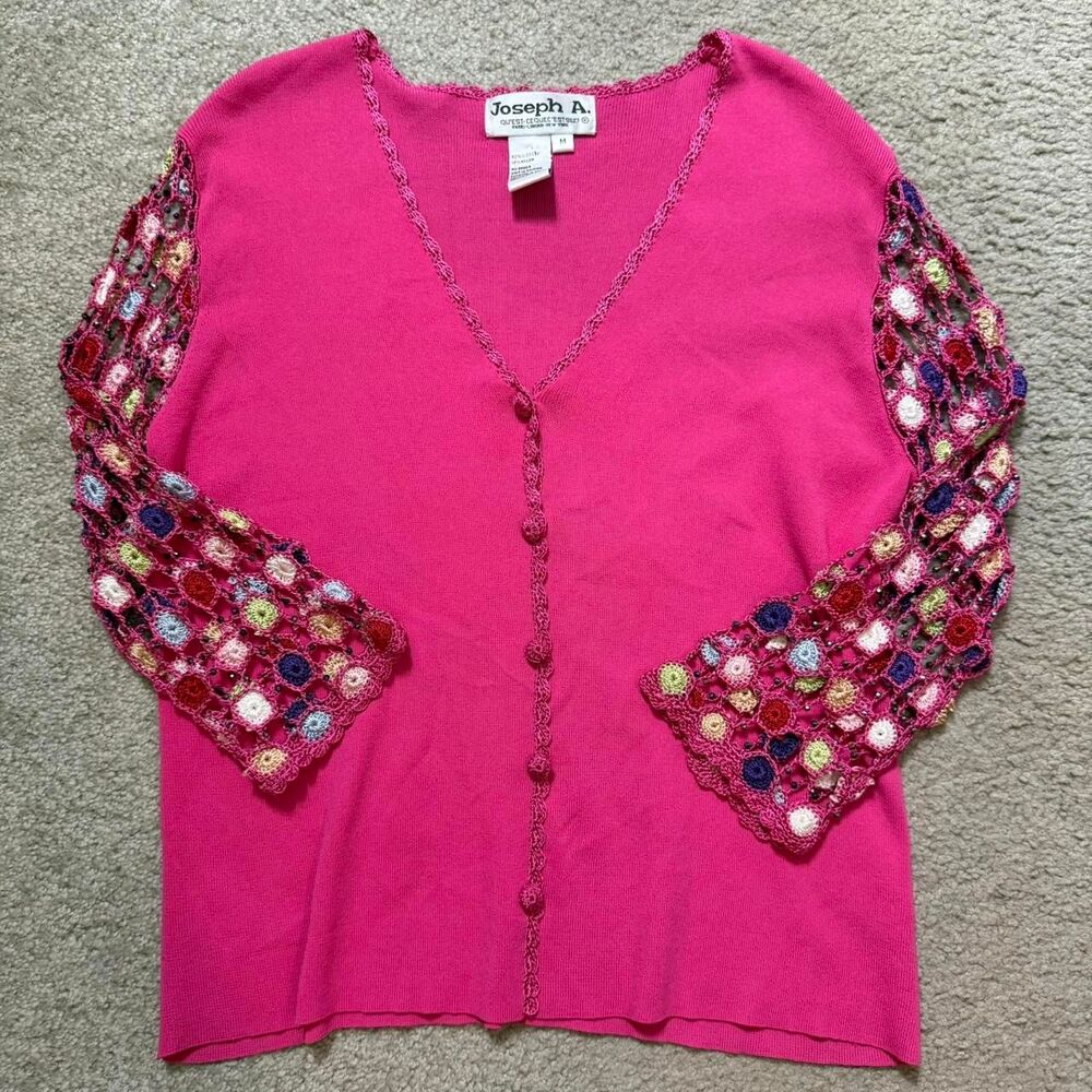 Vintage Y2K crochet sleeve bright pink cardigan - M